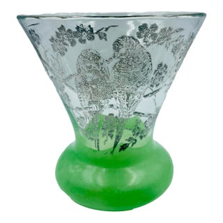 Mid 20th Century Parrot Motif Silver Overlay and Mint Colored Vase For Sale