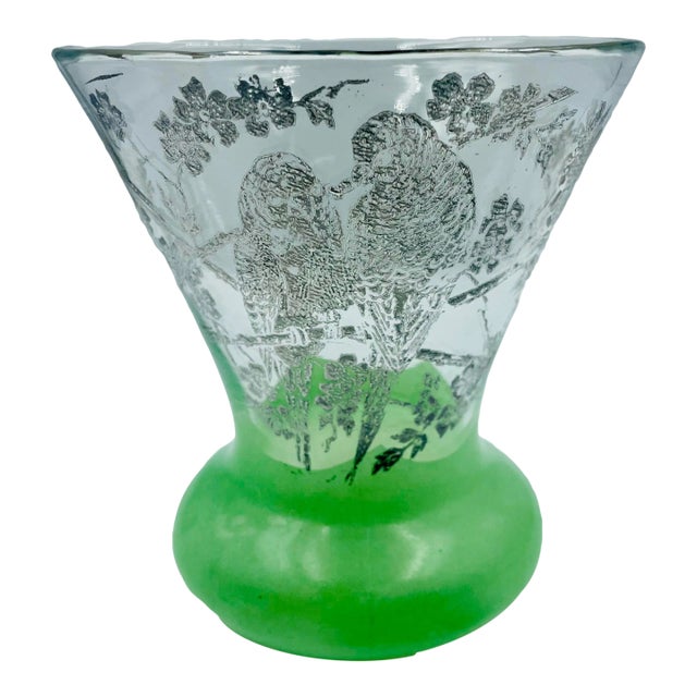 Mid 20th Century Parrot Motif Silver Overlay and Mint Colored Vase For Sale