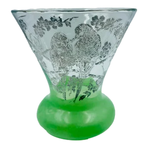 Mid 20th Century Parrot Motif Silver Overlay and Mint Colored Vase