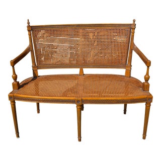 1960s Vintage Golden Wood & Cane Bench With Arms & Carved Finials For Sale