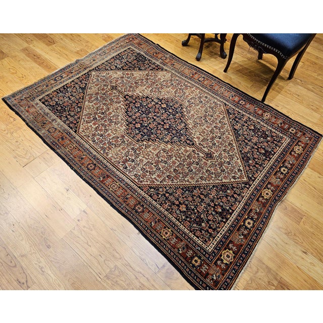 Antique Senneh Area Rug, Hand-Knotted Wool, Herati Medallion Pattern, Ivory & Navy, 4x6 For Sale In Chicago - Image 6 of 17