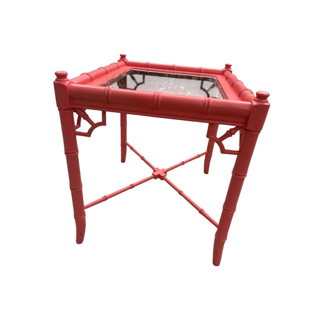 1970s Vintage Chinoiserie Faux Bamboo Thomasville Table Palm Beach Style Beveled Glass Beautiful For Sale - Image 5 of 11