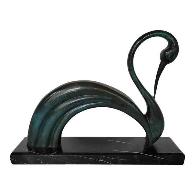 Contemporary Italian Bronze Swan Sculpture on Black Marble Base in Art Deco Revival Style For Sale