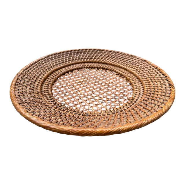 Vintage Woven Rattan Charger Tray | Round Natural Fiber Tabletop Decor For Sale