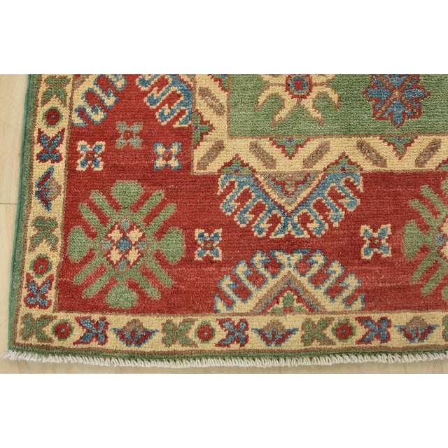 Kazak Rug 3’4” X 5’2” Green Wool Tribal Hand-Knotted Oriental Carpet For Sale - Image 9 of 12