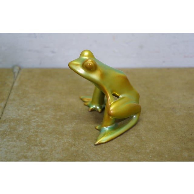 Late 20th Century Zsolnay Eosin Hungarian Iridescent Green Art Deco Frog & Girl Figurines 3" For Sale - Image 9 of 13