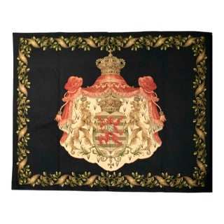 Late 20th Century Tapestry Royal Crest Large Coat of Arms Design Wall Mount Vintage Old World Decor For Sale