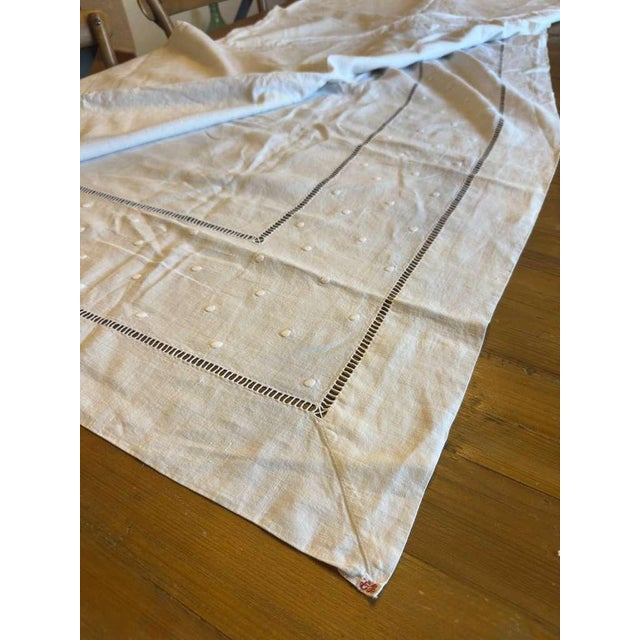 Antique French Trousseau Linen Sheet Embroidered Dots Ladder Work White Linen Bed Sheet Circa 1920 For Sale - Image 4 of 10