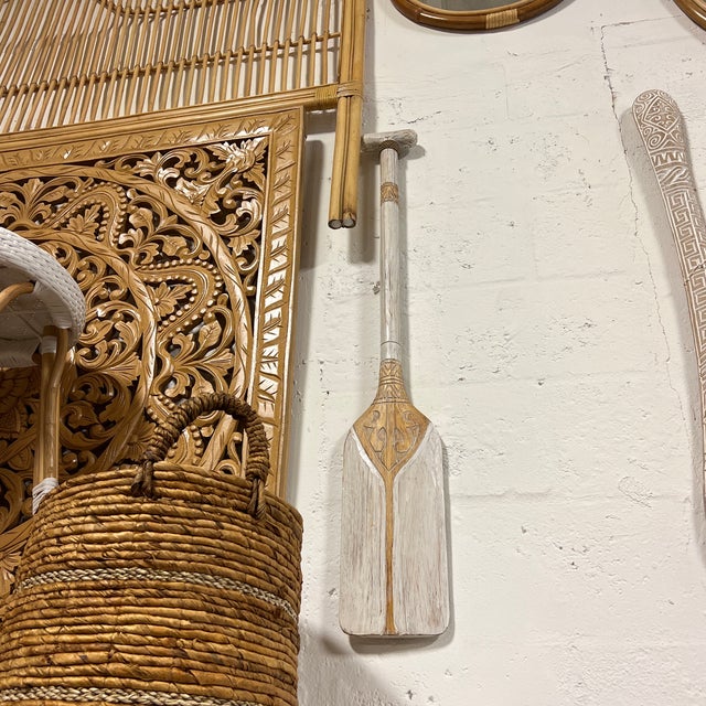 Contemporary Decorative Whitewash Carved Boat Paddle Wall Art by Asian