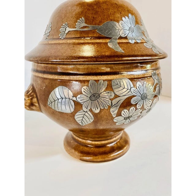 Mid-Century Modern Mid Century Pottery Urn With Metal Accents For Sale - Image 3 of 8