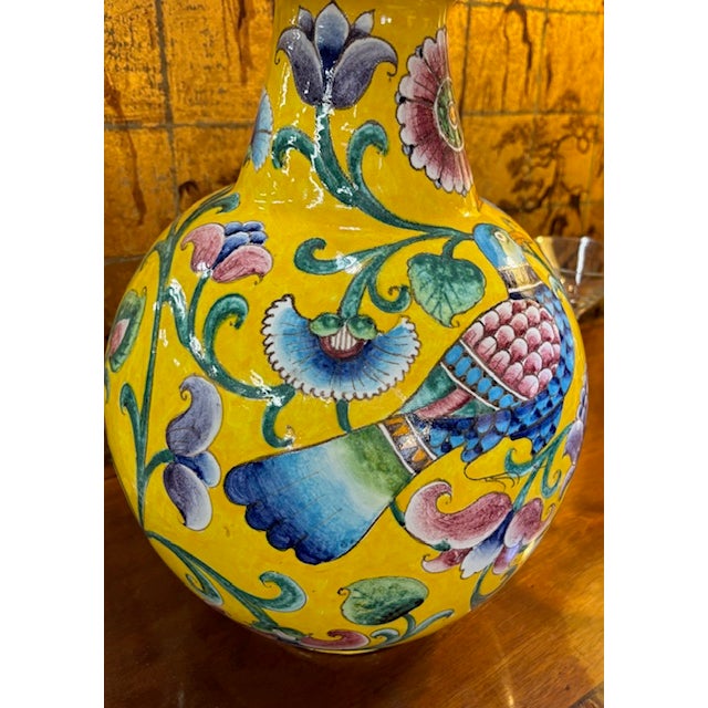 Mid Century Italian Yellow Glazed Ceramic Lamp With Birds and Flowers - Signed For Sale In New York - Image 6 of 8