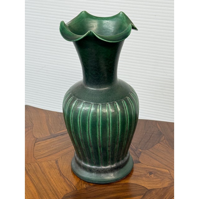 Antique Replica Green Ribbed Pottery Vase For Sale - Image 4 of 12