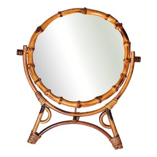 French Riviera Adjustable Circular Tripod Table Mirror in Rattan, 1960s For Sale