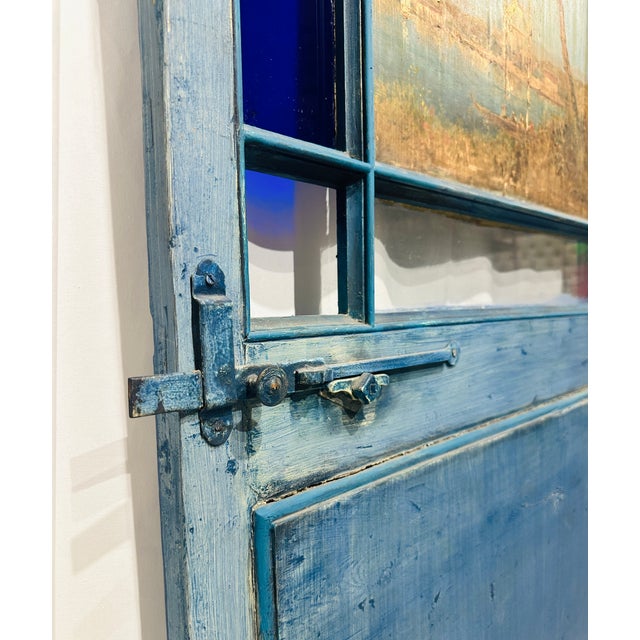 Antique Late 19th Century Blue Painted Moorish Style Stained Glass Door With Hand-Painted Landscape Panel For Sale - Image 12 of 15