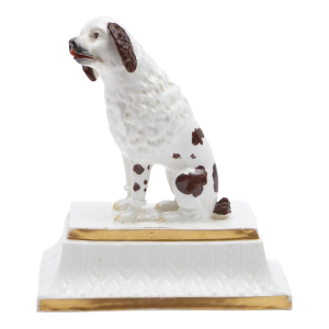 Antique Early 19th Century English Porcelain Figure of Spotted Poodle With Continental Clip