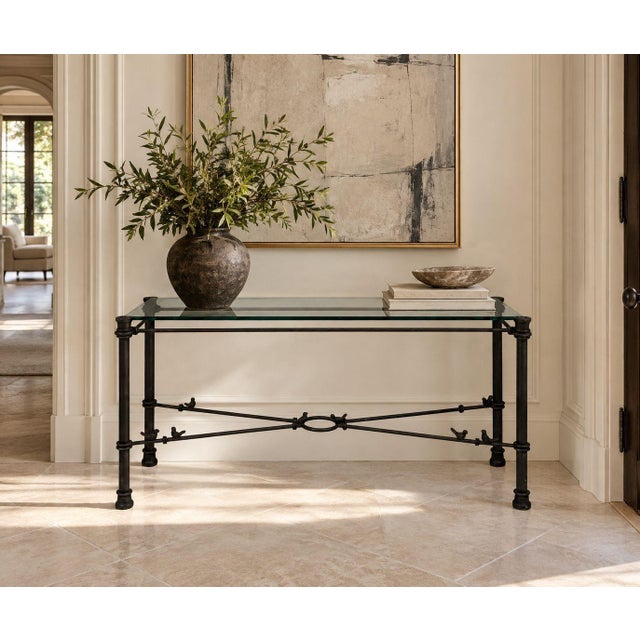 Giacometti Style, American Mid-Century Modern, Console Table, Forged Metal, Glass, USA, 1970s A sculptural console table...