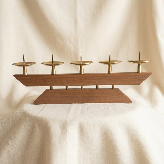 Vintage Scandinavian Modernist Art Deco Candlestick in Teak Wood and Brass, 1960s For Sale - Image 6 of 6