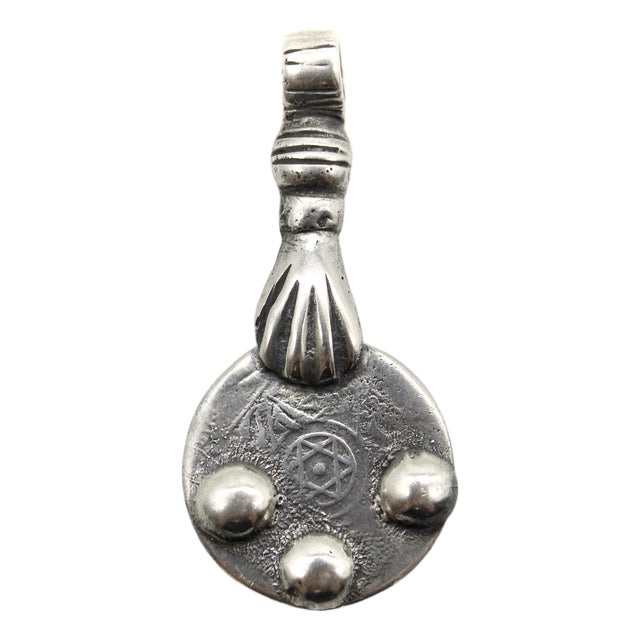 Sterling Silver Vintage Berber Coin Pendant With Hand From Morocco For Sale