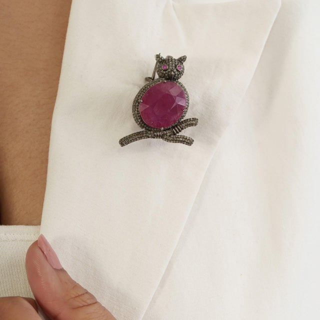 Not Yet Made - Made To Order 10 Ct Ruby & Diamond Wise Owl Oxidized Silver Unisex Brooch Pendant - Christmas Jewelry For Sale - Image 5 of 14