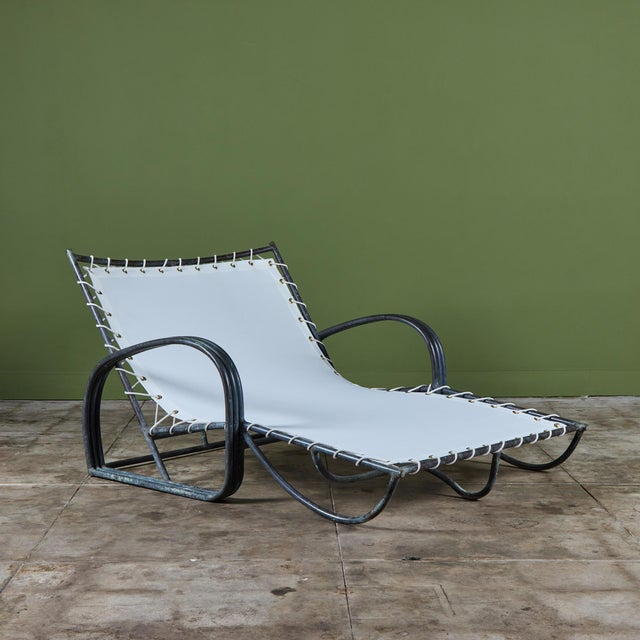 Early Walter Lamb Bronze & Canvas Double Wide Patio Chaise Lounge For Sale - Image 10 of 16