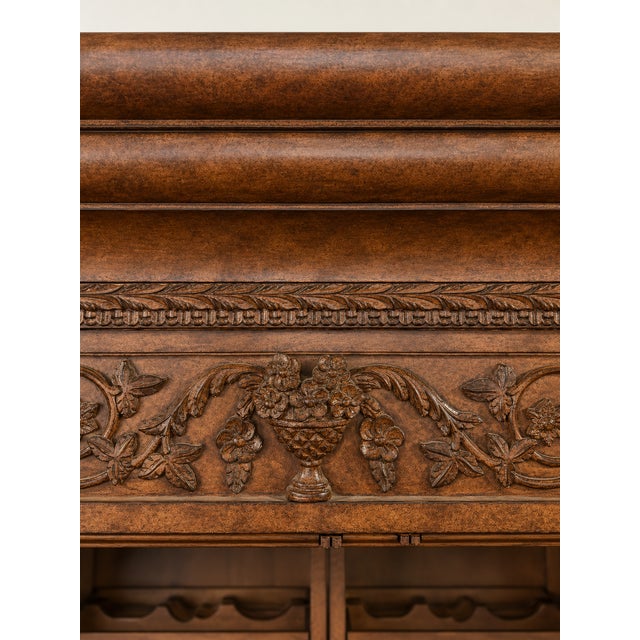Wood Monumental Carved Wood Home Bar Armoire With Mirrored Interior, Wine Storage & Mini Fridge For Sale - Image 7 of 14
