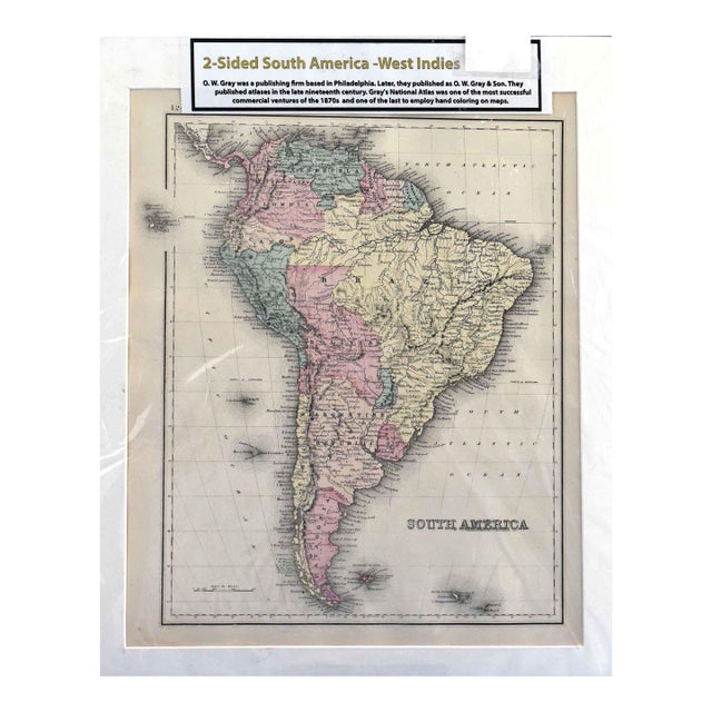 Antique 1870s g.w. Gray & Son Two-Sided Map: South America / West Indies (16 X 19")" For Sale