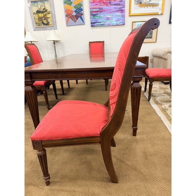 Brown Ethan Allen Dining Table Set With 6 Red Damask Upholstered Chairs 7 Pc For Sale - Image 8 of 11
