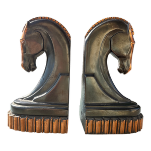 Pair of Art Deco Bronze and Copper Plated Trojan Horse Bookends Circa 1930-1939