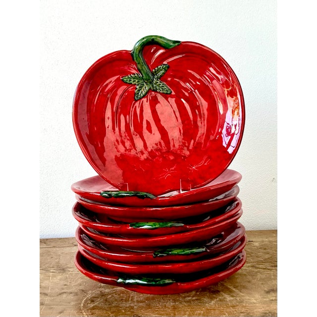 Vintage 1960s Italian Glazed Ceramic Tomato Plates - Set of 8 For Sale - Image 9 of 12