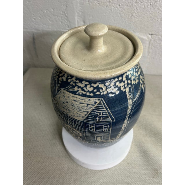 1988 Turn & Burn Seagrove Nc Hand-Carved Blue Stoneware Covered Jar For Sale - Image 9 of 11