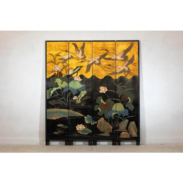 Late 20th Century Four-Panel Gilt and Lacquer Folding Screen with Cranes and Lotus For Sale - Image 5 of 12