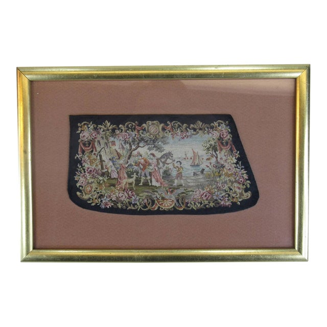 Mid 19th Century Needlepoint Tapestry Sleave Cuff Clothing Hand Embroidered Antique Gold Frame For Sale