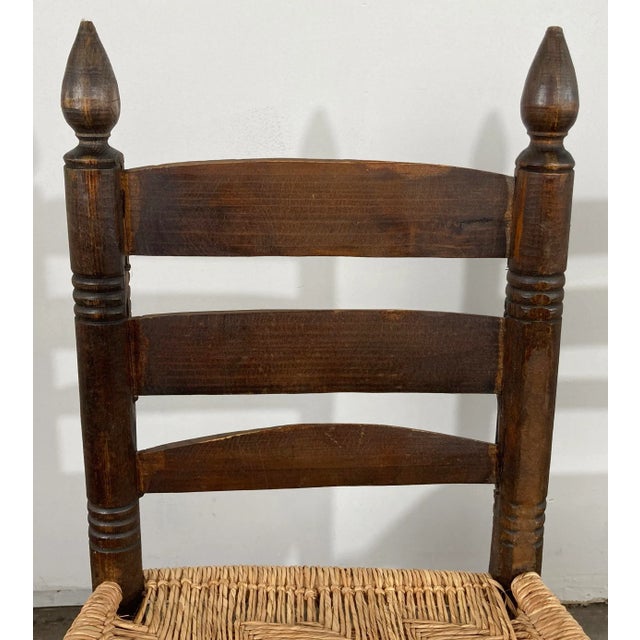 Vintage Primitive Turned Wood Woven Seat Ladderback Chairs, Pair For Sale - Image 9 of 10