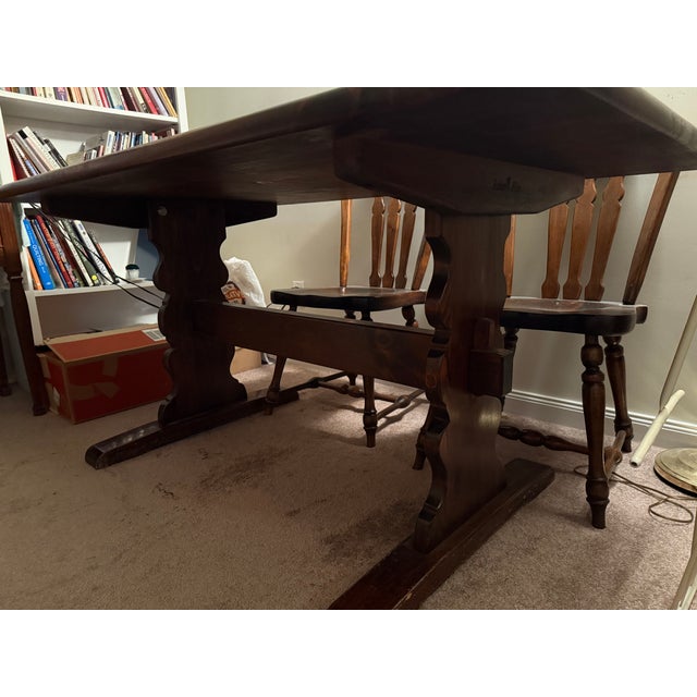 Wood Final Price Reduction on 1970s Ethan Allen Old Tavern Antiqued Pine Trestle Dining 5' Table With 6 Original Matching Chairs For Sale - Image 7 of 7