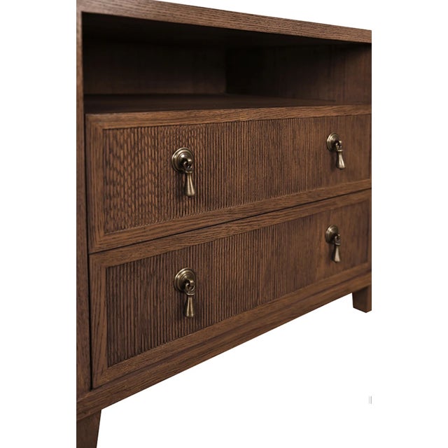 Worlds Away Matthew Izzo Home Corine Fluted Front Provincial Brown Oak Two Drawer Side Table With Open Shelf and Brass Drawer Pulls For Sale - Image 4 of 7