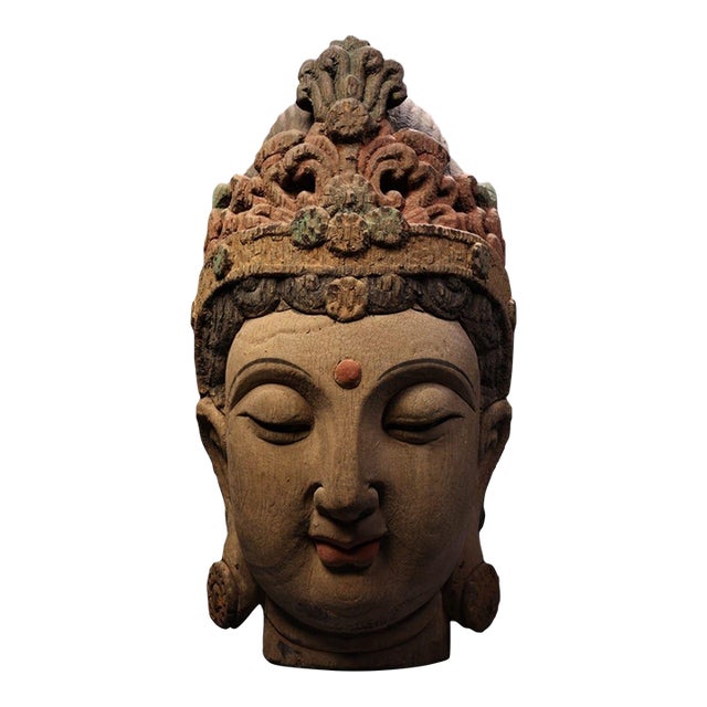 Monumental Vintage Carved Wooden Guanyin Head, 18" Tall For Sale