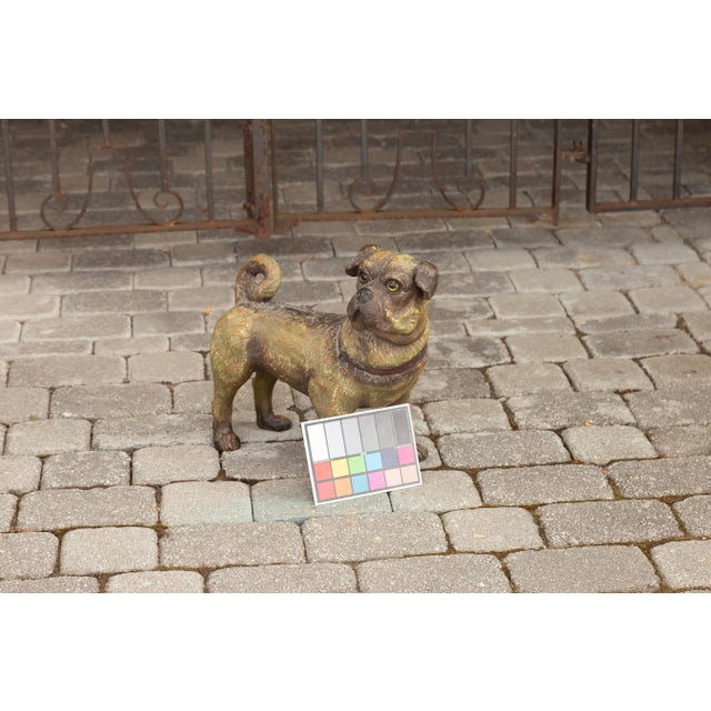 Vintage English Standing Pug Composition Sculpture with Glass Eyes and Collar For Sale - Image 4 of 12