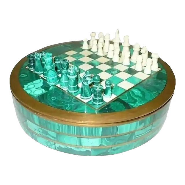 Late 19th Century Malachite and Italian Marble Round Complete Chess Set- 34 Pieces For Sale