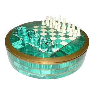 Late 19th Century Malachite and Italian Marble Round Complete Chess Set- 34 Pieces