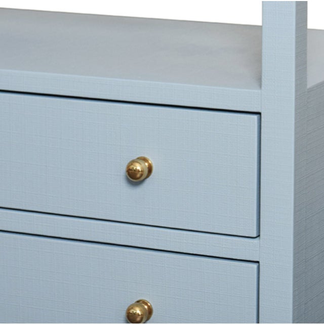Matthew Izzo Home Douglas Light Blue Textured Linen Two Drawer Side Table With One Open Shelf, Glass Top and Polished Brass Knobs For Sale In New York - Image 6 of 8