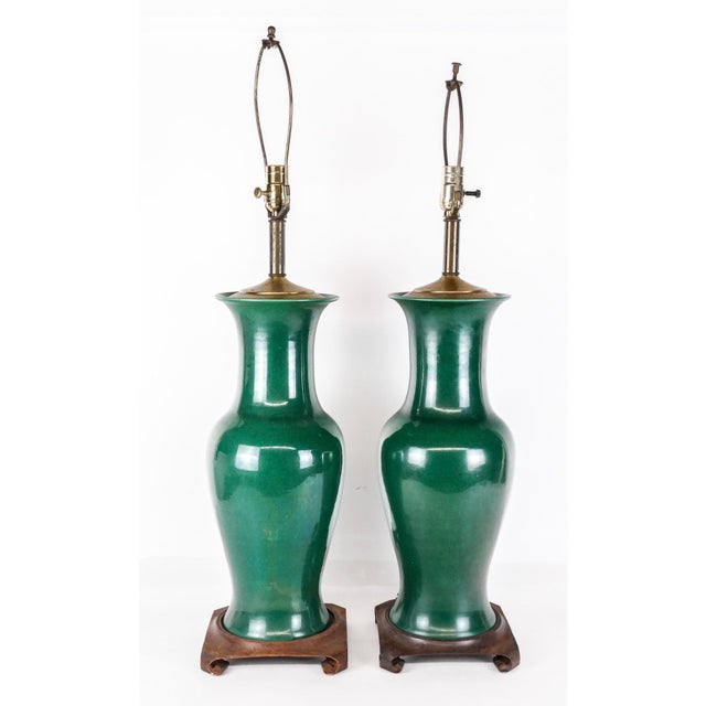 Large Pair of 19th Century Chinese Green Glazed Porcelain Vases Converted to Lamps For Sale - Image 4 of 8