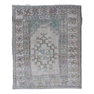 Tribal Vintage Turkish Oushak Square Rug With Medallion in Soft Green and Creams For Sale
