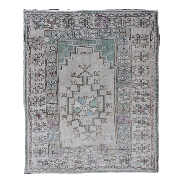 Tribal Vintage Turkish Oushak Square Rug With Medallion in Soft Green and Creams For Sale
