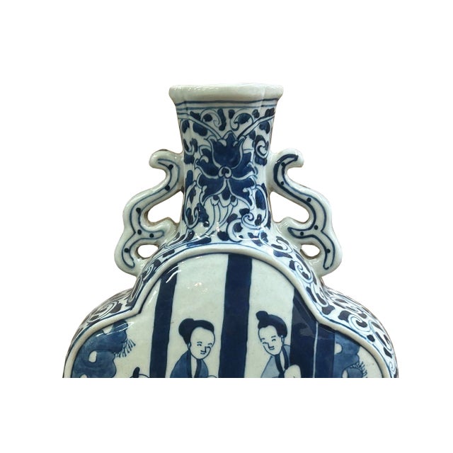 Ceramic Chinese Blue White Porcelain MoonFlask Scenery Graphic Art Vase For Sale - Image 7 of 15
