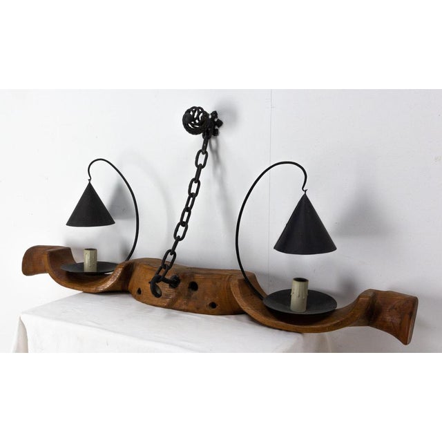 Mid-Century French Yoke Elm Sconces with Iron Double Lamps, Set of 2 For Sale - Image 12 of 14