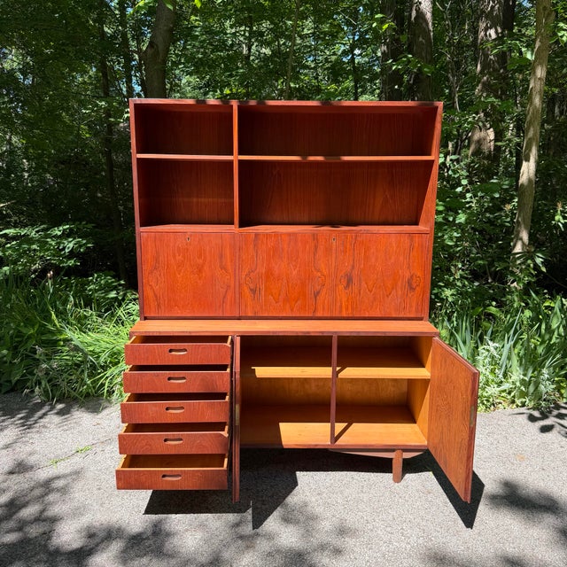 Mid 20th Century Mid 20th Century Danish Modern Two-Piece Bookshelf With Drop-Down Secretary Desk Top For Sale - Image 5 of 12