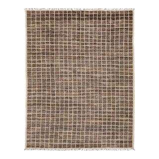 12x16 Brown Modern Moroccan Style Grid Hand-Knotted Wool Area Rug For Sale