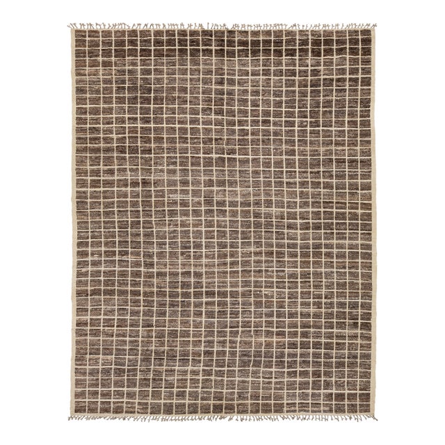12x16 Brown Modern Moroccan Style Grid Hand-Knotted Wool Area Rug For Sale