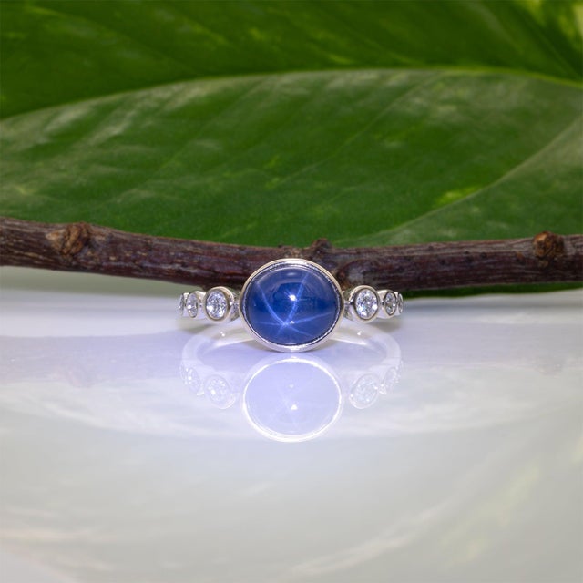 2020s 2.6Ct Star Sapphire Cabochon Ring With Natural Diamond Accents: Solid 14k Gold, Size 6.75 For Sale - Image 5 of 9