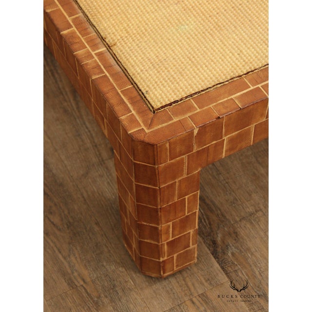 Mid Century Modern Wooden Block Carved Tile Parsons Coffee Table with Wicker Top For Sale - Image 11 of 13
